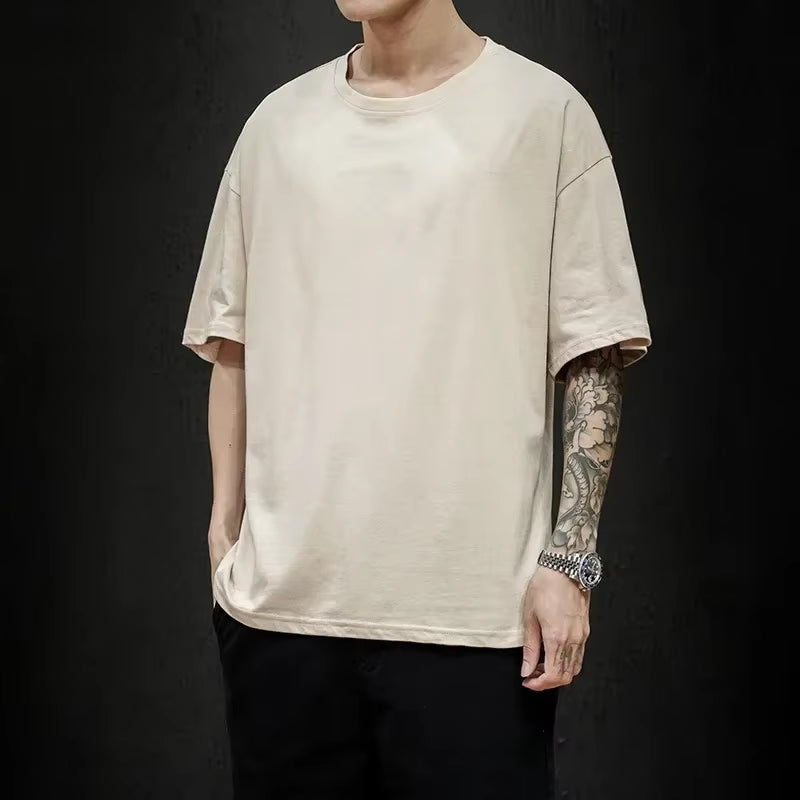 Cotton New Summer Men'S T Shirt Solid T Shirt Mens Oversized Five Half Short Sleeve Casual Cotton Mens Streetwear Top Tees