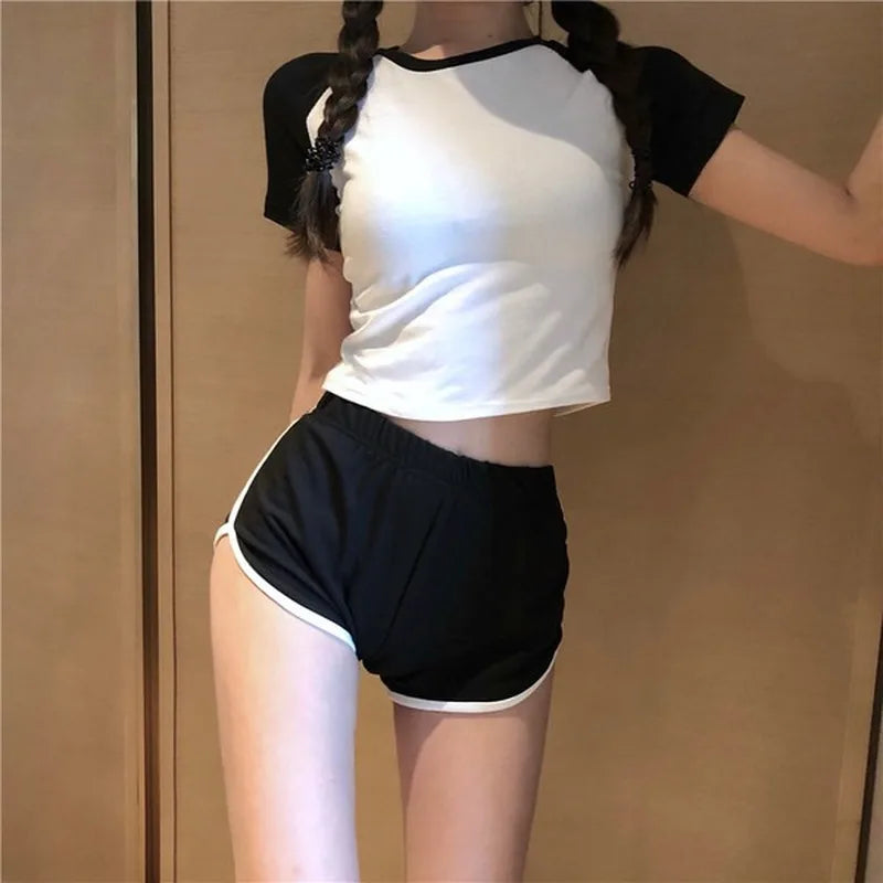 Women'S Short Sleeve T-Shirt and High Waist Shorts, Sport Tops, Tee, Casual, Black, White, Summer, 2 Pcs, 2024