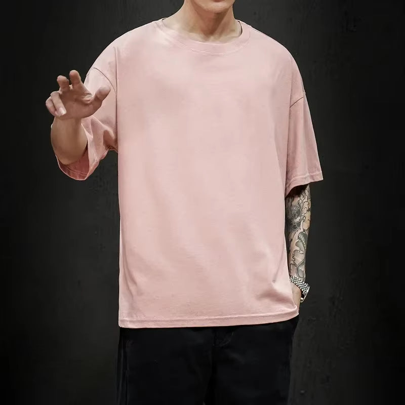 Cotton New Summer Men'S T Shirt Solid T Shirt Mens Oversized Five Half Short Sleeve Casual Cotton Mens Streetwear Top Tees
