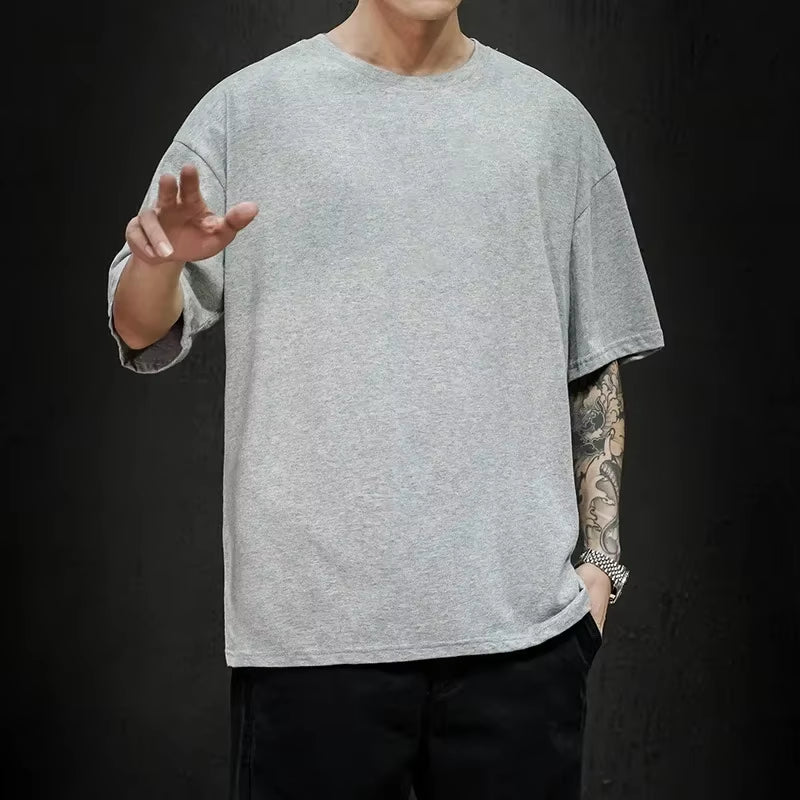 Cotton New Summer Men'S T Shirt Solid T Shirt Mens Oversized Five Half Short Sleeve Casual Cotton Mens Streetwear Top Tees
