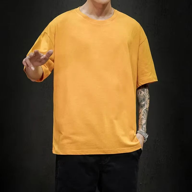 Cotton New Summer Men'S T Shirt Solid T Shirt Mens Oversized Five Half Short Sleeve Casual Cotton Mens Streetwear Top Tees