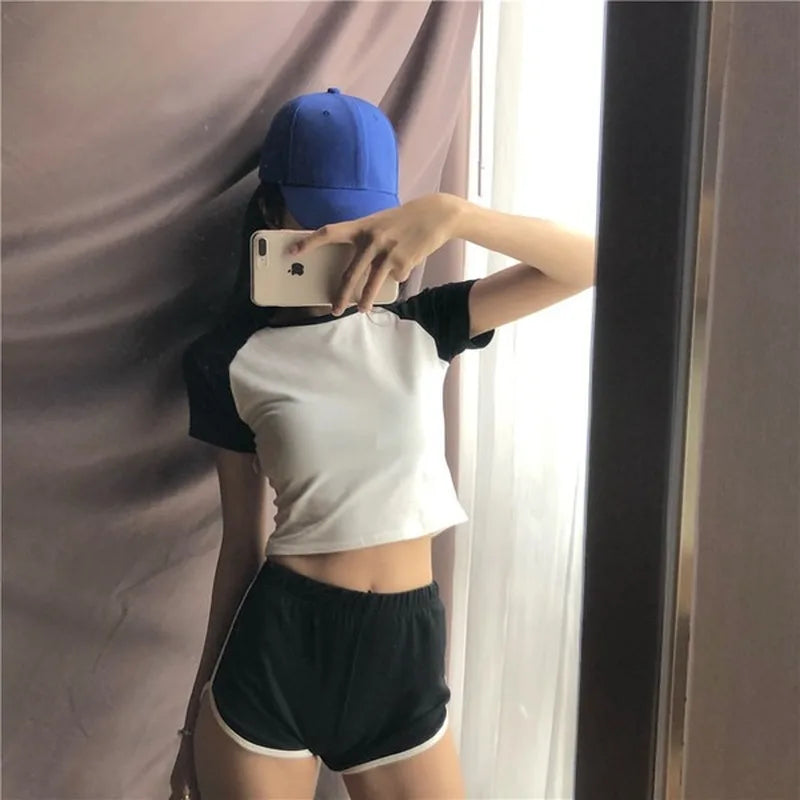 Women'S Short Sleeve T-Shirt and High Waist Shorts, Sport Tops, Tee, Casual, Black, White, Summer, 2 Pcs, 2024