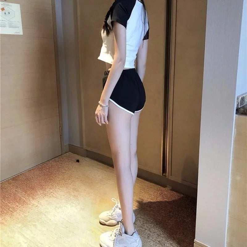 Women'S Short Sleeve T-Shirt and High Waist Shorts, Sport Tops, Tee, Casual, Black, White, Summer, 2 Pcs, 2024