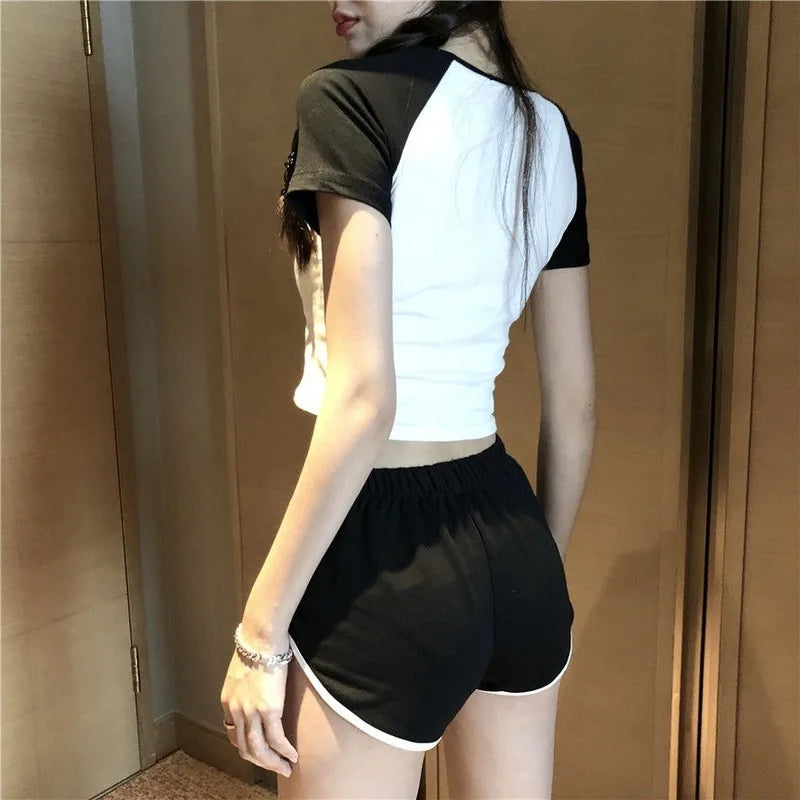 Women'S Short Sleeve T-Shirt and High Waist Shorts, Sport Tops, Tee, Casual, Black, White, Summer, 2 Pcs, 2024