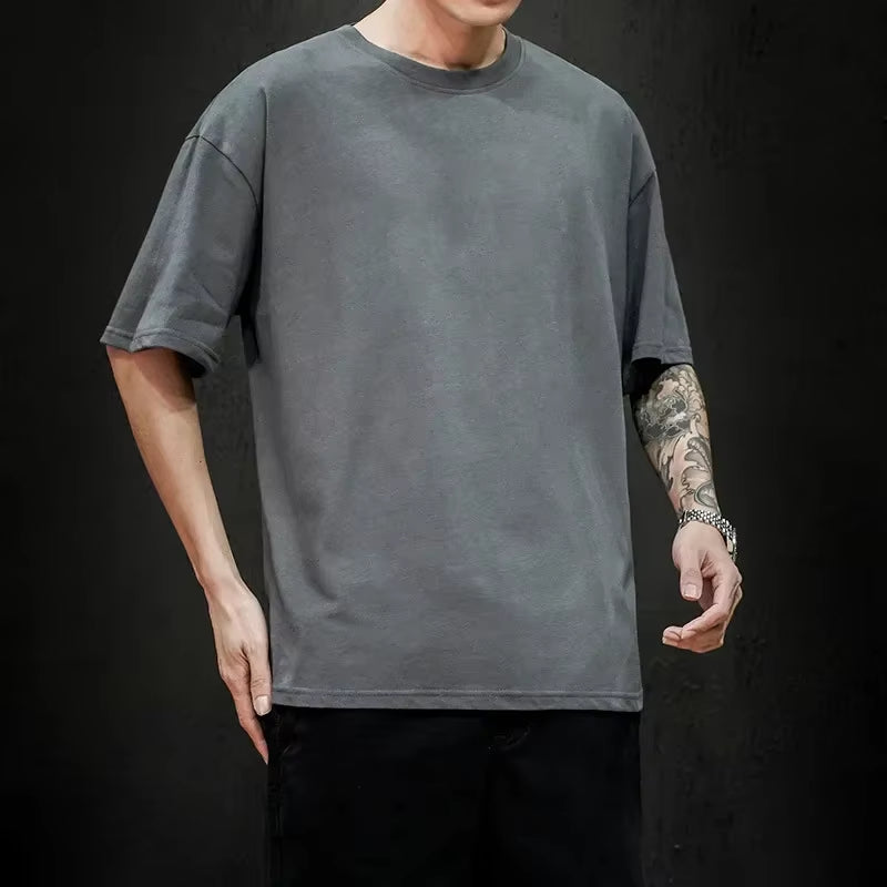 Cotton New Summer Men'S T Shirt Solid T Shirt Mens Oversized Five Half Short Sleeve Casual Cotton Mens Streetwear Top Tees