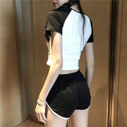 Women'S Short Sleeve T-Shirt and High Waist Shorts, Sport Tops, Tee, Casual, Black, White, Summer, 2 Pcs, 2024